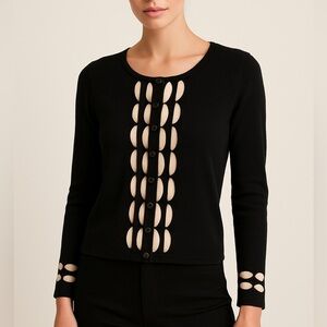 Sparrow Black Button-Front Sweater Cardigan w/Cream Textured Detail (1094)